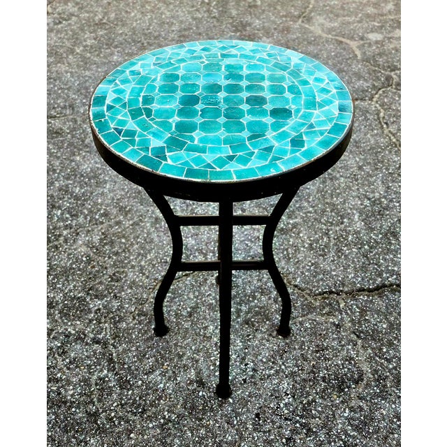 16" Mini Moroccan Mosaic Accent Table – Emerald Aqua Tile Top For Sale - Image 9 of 9