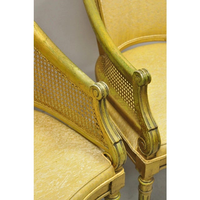 Gold Vintage Italian Hollywood Regency Gold Gilt Barrel Back Cane Lounge Chairs, Pair For Sale - Image 8 of 12