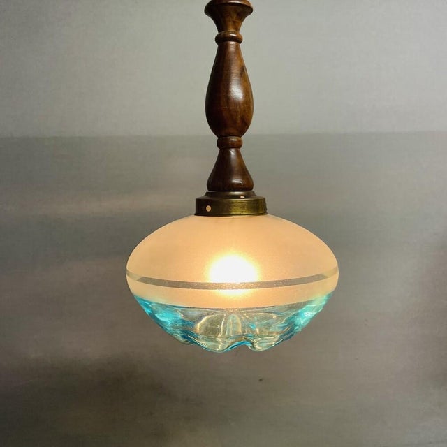 Metal Mid-Century Modern Agua Blue Art Glass Pendant Light in Teak, 1960s For Sale - Image 7 of 11