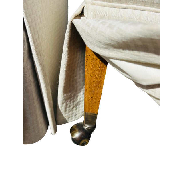 Vintage Pair of Skirted Barrel Club Chairs With Casters – Transitional Upholstered Accent Chairs in Neutral Textured Fabric For Sale - Image 13 of 15