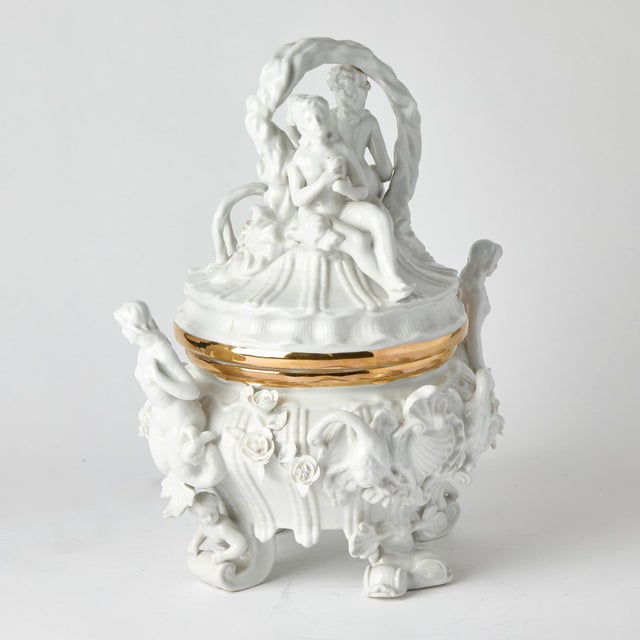 An exceptional and highly sculptural antique Belgian Blanc de Chine porcelain covered centerpiece, made in Brussels during...