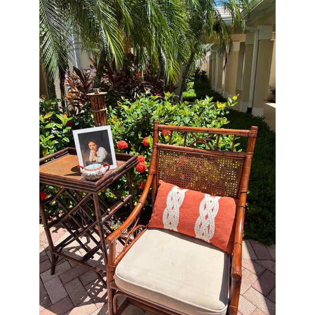 Ornamental & Decorative Materials Late 20th Century Pair of Faux Bamboo and Wicker Accent or Dining Chairs With Cushions For Sale - Image 7 of 11