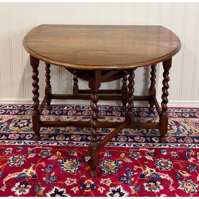 Antique English Large Table Drop Leaf Gateleg Barley Twist Oak Oval C. 1920-30s For Sale - Image 9 of 18