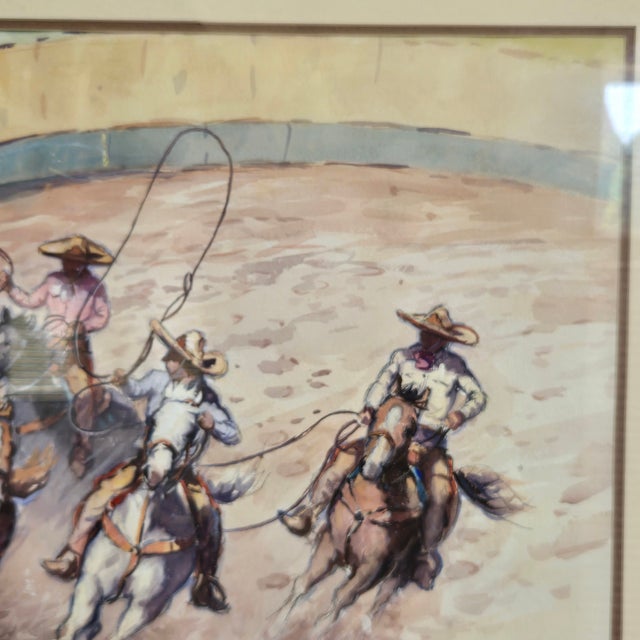 Lorenzo Castñeda 2011 "La Fiesta Vaquera" Framed Watercolor 39"w X 27"h Beautiful Western Piece For Sale - Image 13 of 18