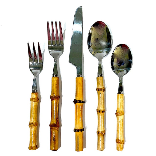 Chinoiserie 1990s Bamboo and Polished Stainless Steel Flatware - 20 Piece Set - Four 5 Place Settings For Sale - Image 3 of 12