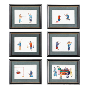 Set of Six 19th Century Chinese Export Gouache Paintings on Pith Paper