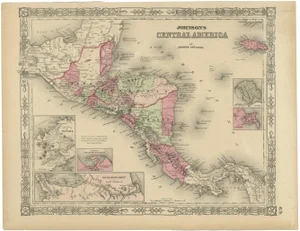 Hand-Colored Central America Map with Insets by Johnson, 1864