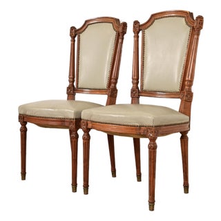 Baker Furniture Style French Regency Louis XVI Carved Walnut Side Chairs or Dining Chairs, Pair For Sale