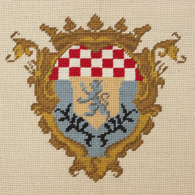 Traditional Vintage Hand Stitched Heraldic Crest Needlework Crowned Shield and Lion Embroidery Wall Art For Sale - Image 3 of 5