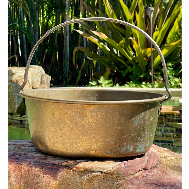 Cabin Large Antique Brass & Wrought Iron Hearth Pot/Cauldron For Sale - Image 3 of 8