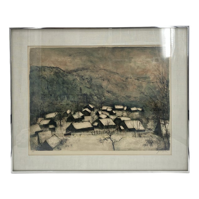 Bernard Gantner, Winter Landscape with Village, Color Lithograph, 20th Century For Sale
