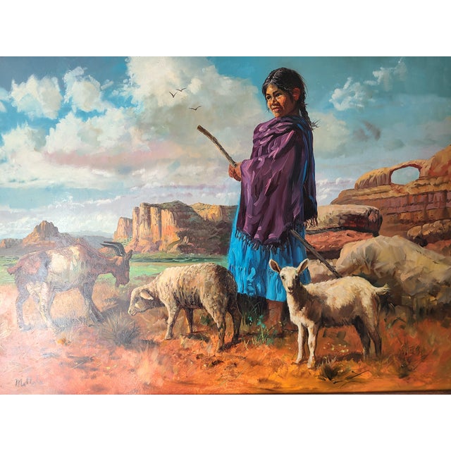 Original 1960's oil painting by Walt Disney artist Fil Mottola (1915-2008) depicting a Navajo girl shepherding livestock...