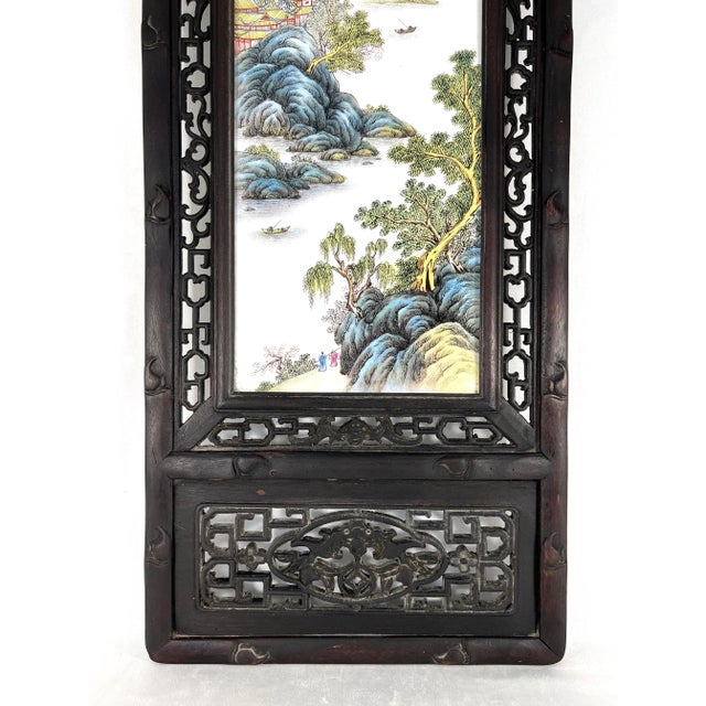 Traditional Chinese Carved Blackwood Wall Hanging Plaque Panel With Hand Painted Mountain Landscape on Porcelain (Shan Soi) , Signed For Sale - Image 9 of 12