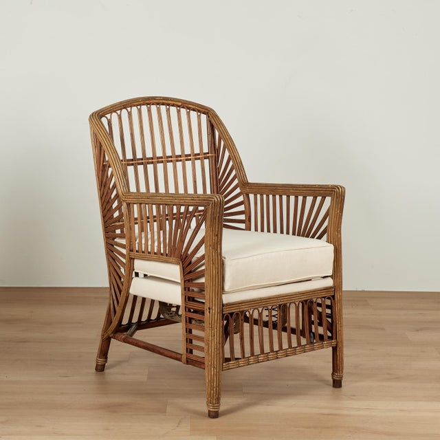 Tropical luxury art deco pair of armchairs handcrafted in streamline form with upholstered seats. Tagged La Parisien M....