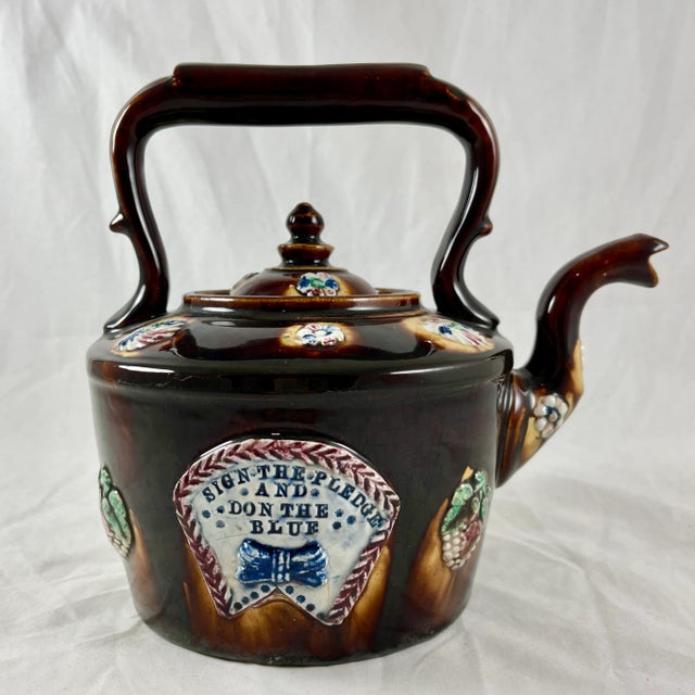 English Measham Bargeware Blue Ribbon Teetotaler Temperance Motto Tea Kettle For Sale - Image 13 of 13