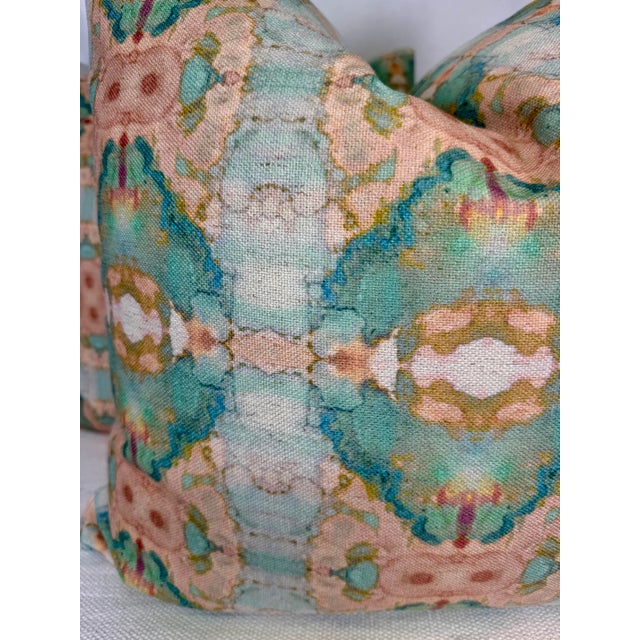 Custom pair of 22" pillows covered in D Kap Home "Ashanti" in color coral, salmon, turquoise and teal fabric. These...