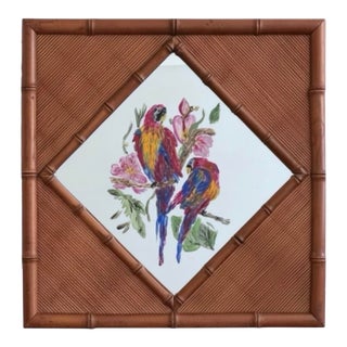Vintage Bamboo & Woven Rattan Wall Mirror With Hand-Painted Tropical Parrots For Sale