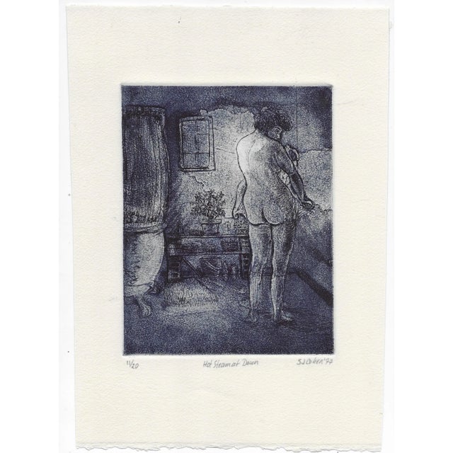 1977 Sue Cohen "Hot Steam at Dawn" female nude etching in navy or indigo ink on paper; pencil signed, titled and numbered...