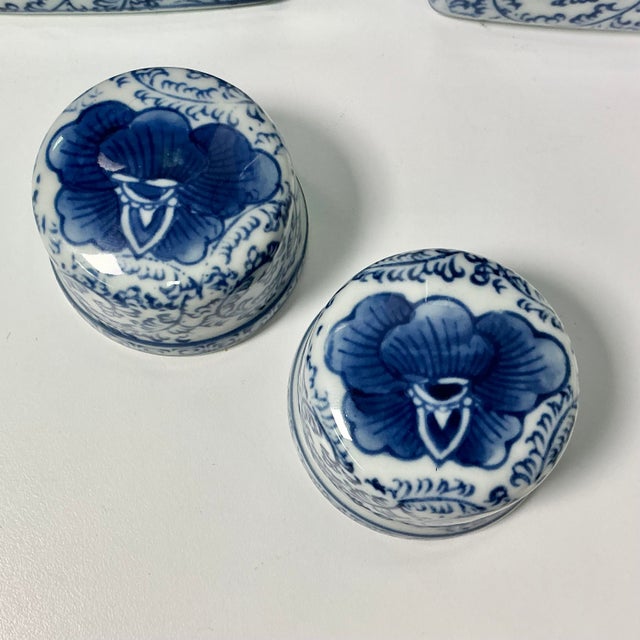 Mid-Century Boho Chic Chinoiserie Hollywood Regency Blue & White Square Happiness Ginger Jars - A Pair For Sale - Image 12 of 15