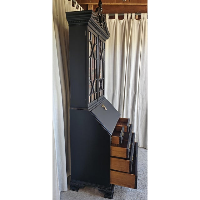 1940s Black Chippendale Style Secretary Desk/ Secretary Hutch, 2 Piece Cabinet For Sale - Image 12 of 17