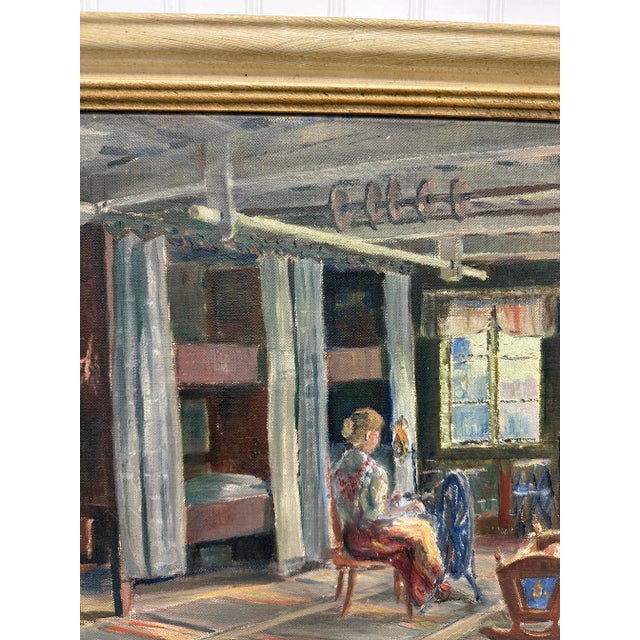 Mid-Century Oil Painting of Woman Working at Spinning Wheel by Thure Malmberg of Finland & Sweden For Sale - Image 4 of 11