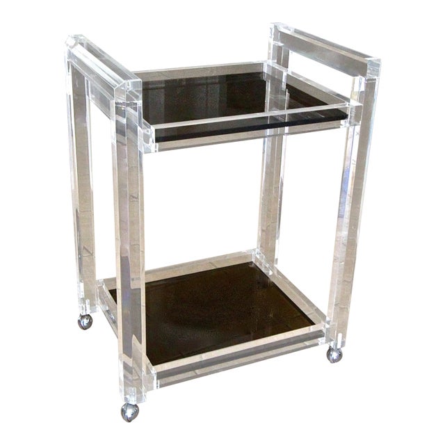 1980s Mid-Century Modern Lucite 2 Tier Smoke Glass Bar Cart For Sale