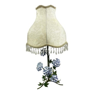Shabby Chic Style Blue Hydrangeas & Green Leaves Toleware Lamp For Sale
