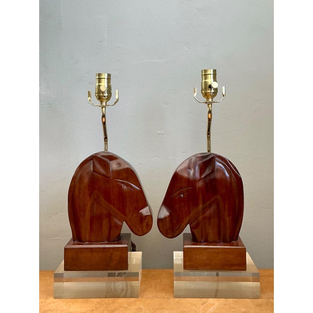 Vintage Carved Wood Horse Lamps on Lucite Base - A Pair For Sale - Image 16 of 17