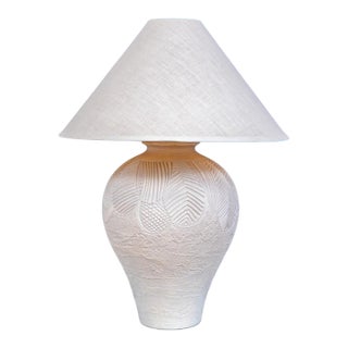 Vintage Postmodern Carved White Plaster Meiping Vase Form Table Lamp With Linen Empire Shade For Sale