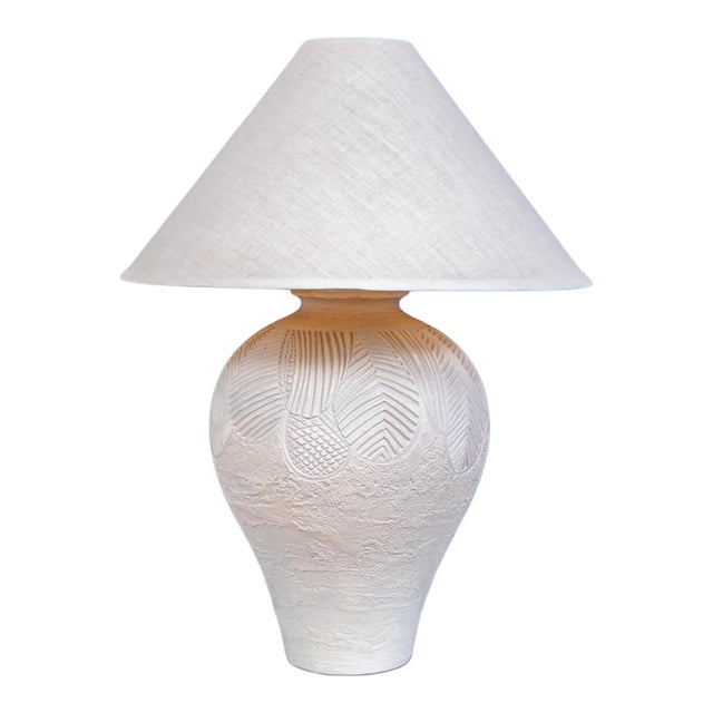 Vintage Postmodern Carved White Plaster Meiping Vase Form Table Lamp With Linen Empire Shade For Sale