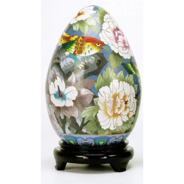 Excellent pair of large (11.5") cloisonne eggs with colorful bird and flower detailing in blue, green, white, rose, yellow...
