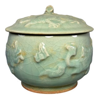 Antique Chinese Celadon Relief‑Decorated Covered Jar, Collectible Antique For Sale