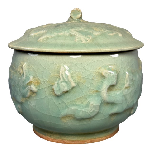 Antique Chinese Celadon Relief‑Decorated Covered Jar, Collectible Antique For Sale