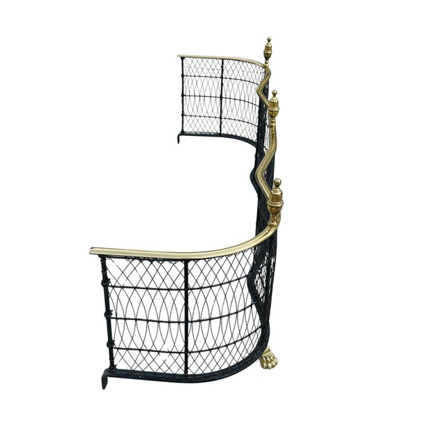 Black Vintage Brass Fireplace Fender – Federal Regency Serpentine Hearth Guard With Lion’s Paw Feet & Wire Lattice For Sale - Image 8 of 13