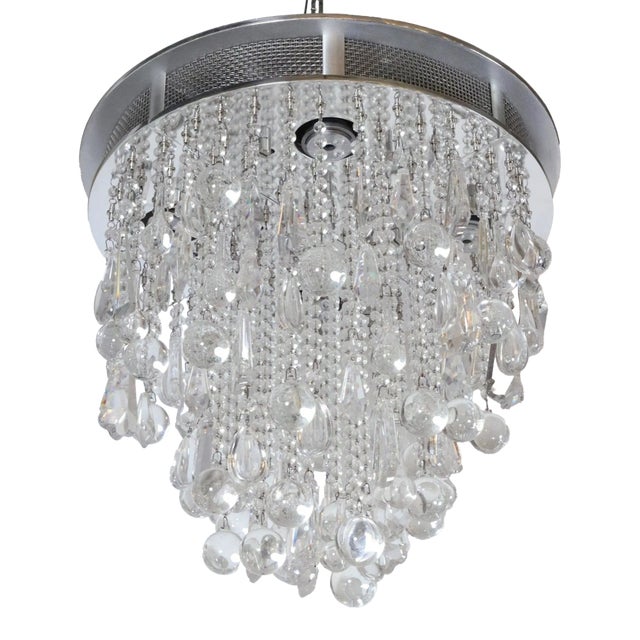 Mid 20th Century Waldorf Astoria Round Crystal Satin Nickel Chandelier For Sale