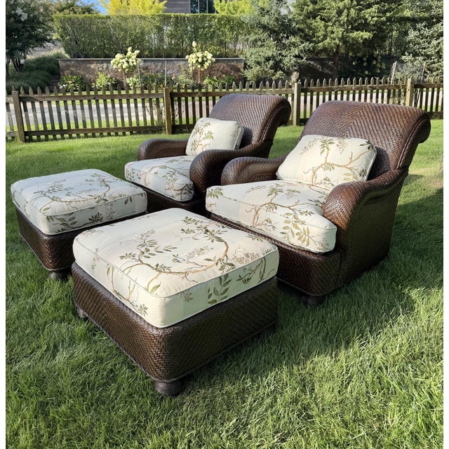 Brown Mark Hampton for Hickory Chair Woven Lounge Chairs & Ottomans in Colefax & Fowler—Set of 2 For Sale - Image 8 of 18