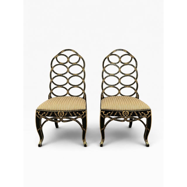 2000 - 2009 Pair of Century Furniture Black & Gold Chinoiserie Side Chairs For Sale - Image 5 of 18