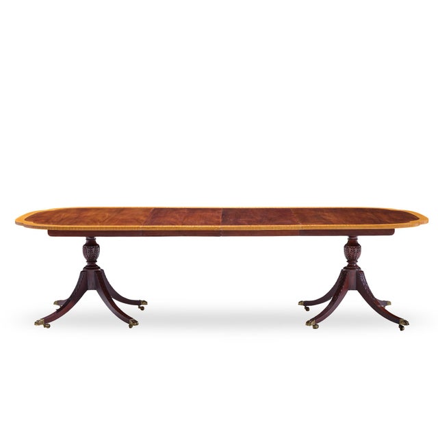 Councill Craftsmen Mahogany Inlaid Double Pedestal Expanding Dining Table With 3 Leaves For Sale - Image 10 of 15