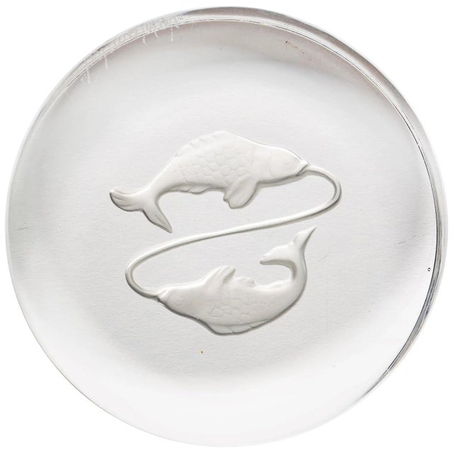 Val Saint Lambert France Engraved Glass Disc Pisces Paperweight For Sale - Image 9 of 9
