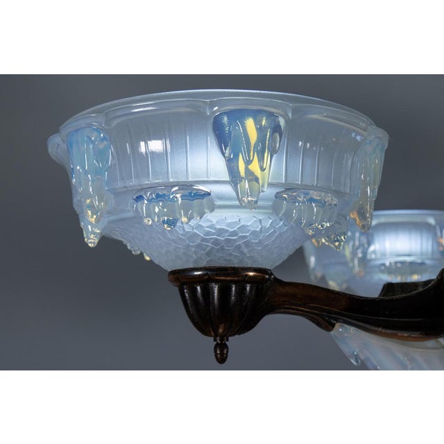 1930s Art Deco French Coppered Metal and Opalescent Glass Chandelier from Ezan, 1930s For Sale - Image 5 of 18