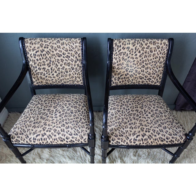 Leopard Upholstered Black Faux Bamboo Directoire Style Armchairs For Sale - Image 12 of 18
