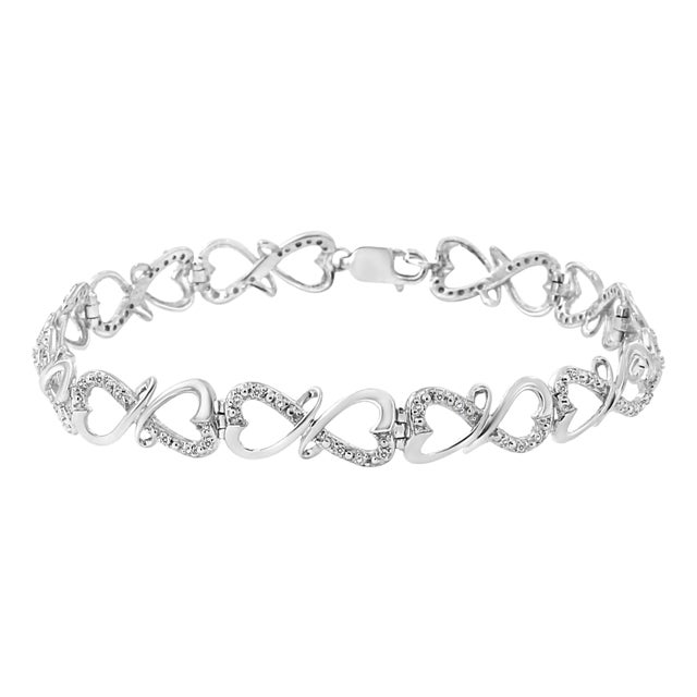 .925 Sterling Silver 1/3 Cttw Round-Cut Diamond Double Heart Infinity Link 7.25" Bracelet For Sale