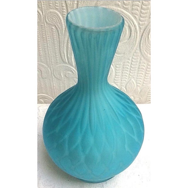 This is a beautiful antique aqua satin diamond quilted glass vase by Thomas Webb. It measures 7 1/2" tall.