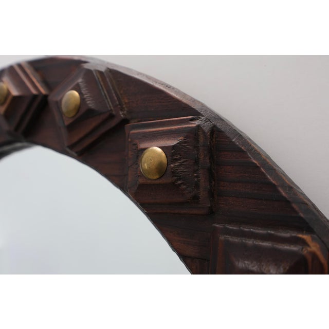 Spanish Brutalist Oval Mirror in Hand-Carved Wood with Brass Studs, 1950s For Sale - Image 6 of 12