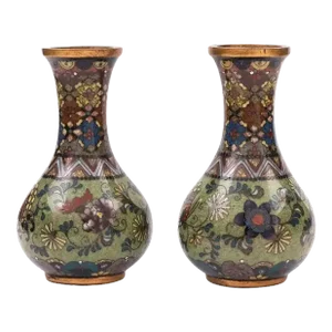 Pair of Early 1900s Japanese Cloisonne Enamel Butterfly Vases Attributed to to Namikawa