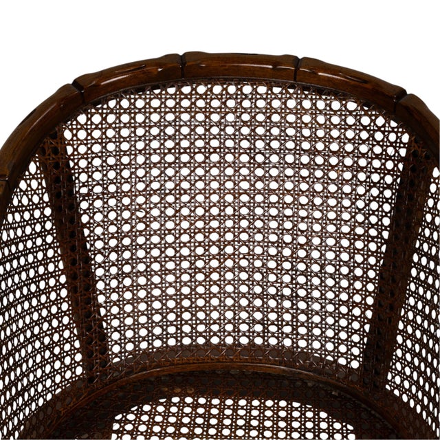 Wood Pair Vintage Faux Bamboo Cane Barrel Chairs Hollywood Regency For Sale - Image 7 of 18