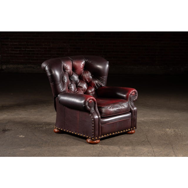 American Tufted Churchill Style Recliner With Ottoman in Oxblood For Sale - Image 3 of 15
