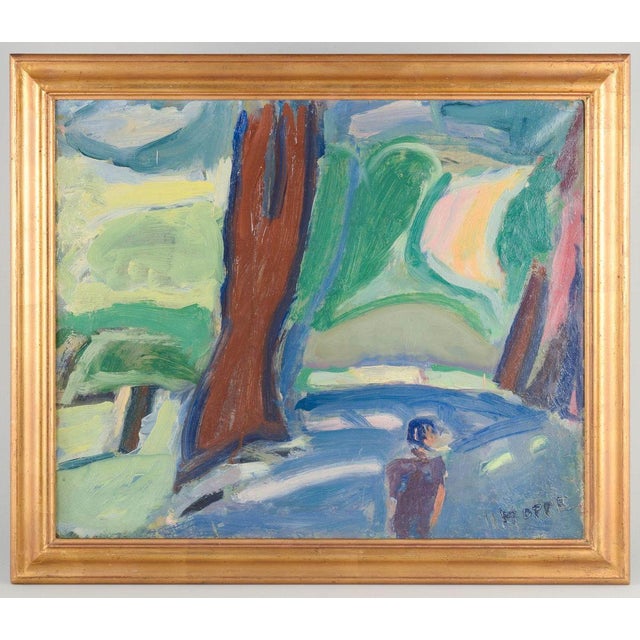 Erik Hoppe (1896–1968), a well-known Danish artist. Parti fra Søndermarken. Oil on canvas. Ca. 1930s. A poetic modernist...