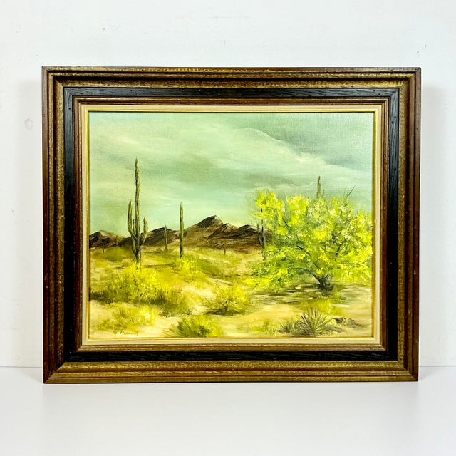 1970s Vintage Southwestern Impressionist Saguaro Landscape Folk Art Original Oil Painting, Artist Signed For Sale - Image 4 of 13