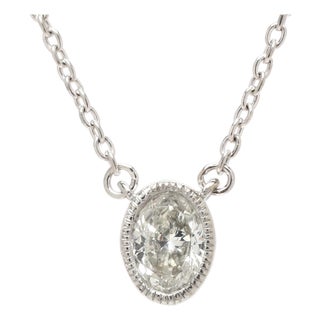 Oval .22ctw Diamond Bezel Pendant Necklace, 10k White Gold, Length 18.5 In For Sale